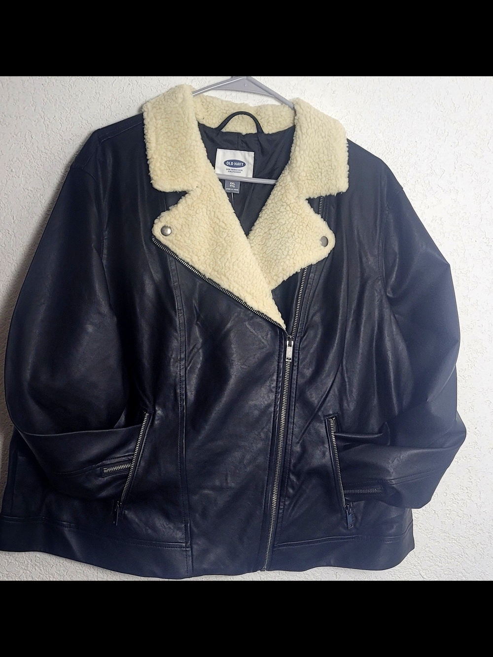Old Navy Black Faux Leather Jacket with Cream Sherpa Collar
